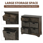 Rustic Storage Cabinet with Two Drawers and Four Classic Rattan Basket - 28L x 11.8W x 28H