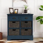 Rustic Storage Cabinet with Two Drawers and Four Classic Rattan Basket - 28L x 11.8W x 28H