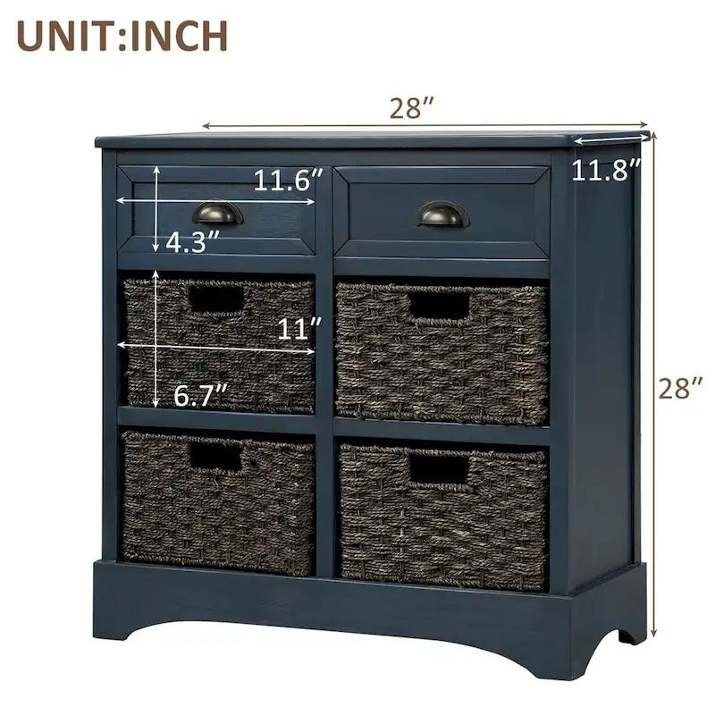 Rustic Storage Cabinet with Two Drawers and Four Classic Rattan Basket - 28L x 11.8W x 28H