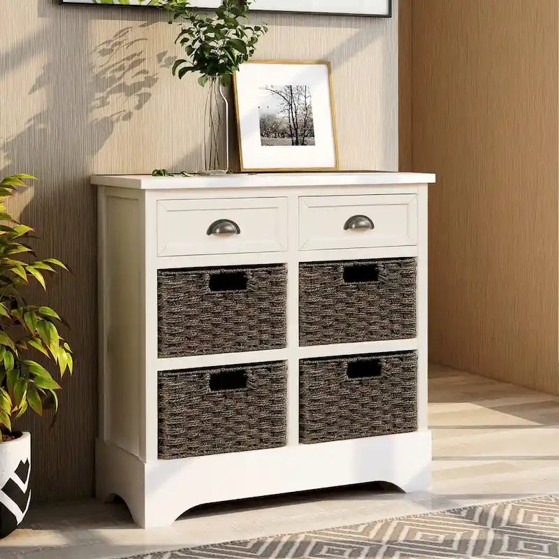 Rustic Storage Cabinet with Two Drawers and Four Classic Rattan Basket - 28L x 11.8W x 28H