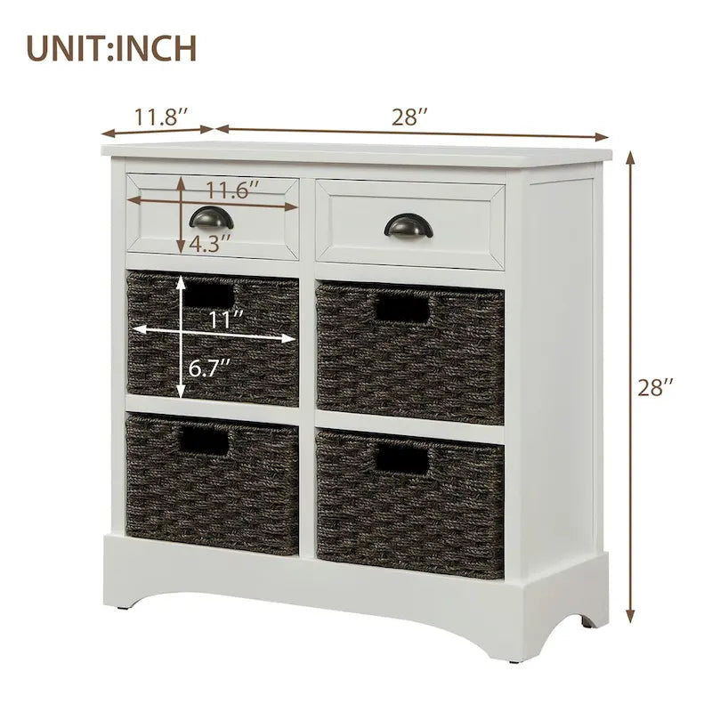 Rustic Storage Cabinet with Two Drawers and Four Classic Rattan Basket - 28L x 11.8W x 28H