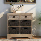 Rustic Storage Cabinet with Two Drawers and Four Classic Rattan Basket - 28L x 11.8W x 28H