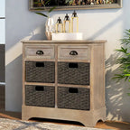 Rustic Storage Cabinet with Two Drawers and Four Classic Rattan Basket - 28L x 11.8W x 28H