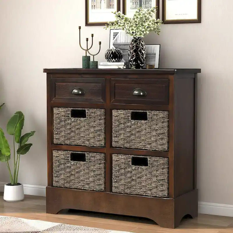 Rustic Storage Cabinet with Two Drawers and Four Classic Rattan Basket - 28L x 11.8W x 28H