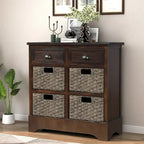 Rustic Storage Cabinet with Two Drawers and Four Classic Rattan Basket - 28L x 11.8W x 28H