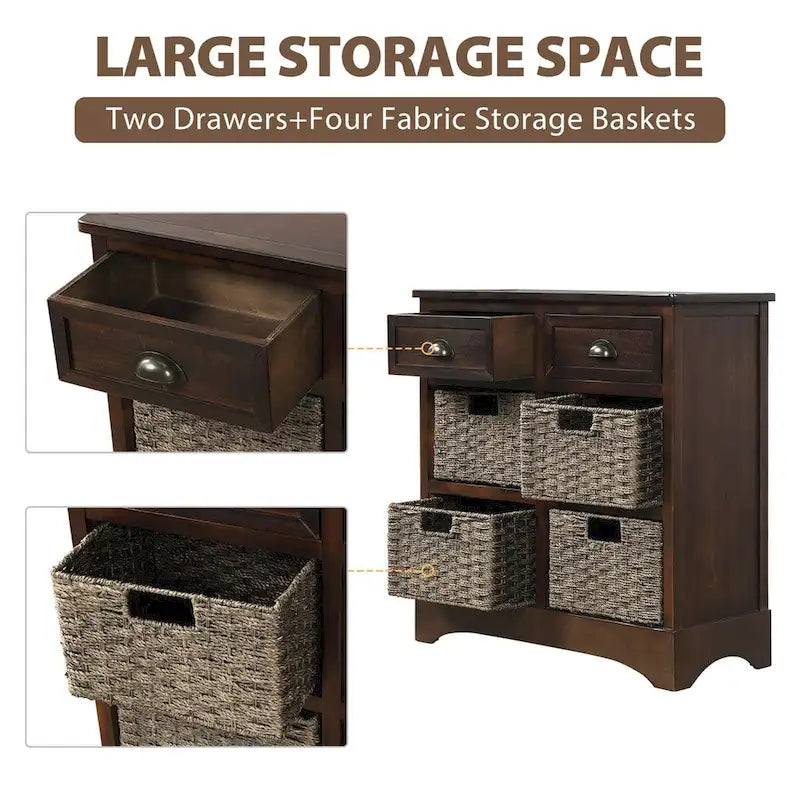 Rustic Storage Cabinet with Two Drawers and Four Classic Rattan Basket - 28L x 11.8W x 28H