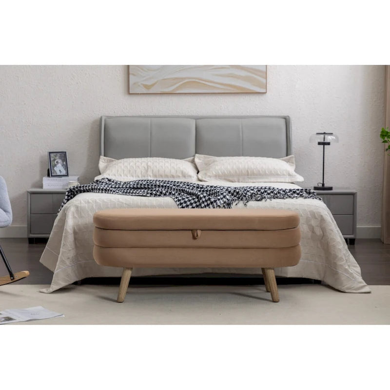 Velvet Fabric Storage Bench Bedroom Bench With Wood Legs For Living Room Bedroom Indoor