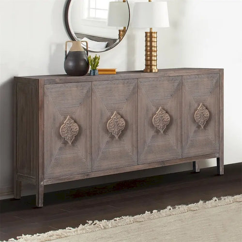 Antique Four Door Cabinet, Carved Flower Door Handle