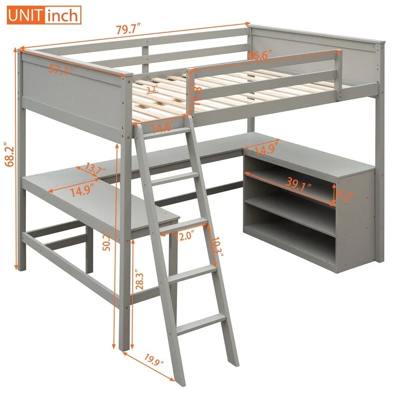 Full Size Loft Bed with Shelves and Desk, Wooden Full Loft Bed Frame with Desk