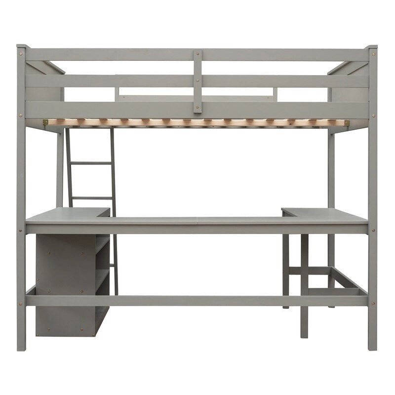 Full Size Loft Bed with Shelves and Desk, Wooden Full Loft Bed Frame with Desk