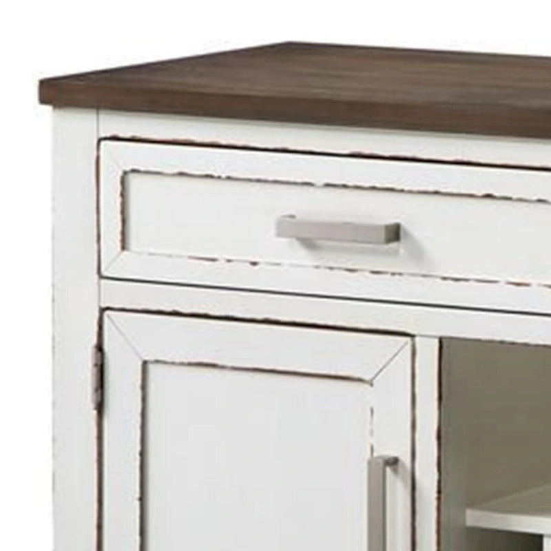 Ben 54 Inch Buffet Server, Brown Top, 2 Drawers, Wine Rack, Weathered White