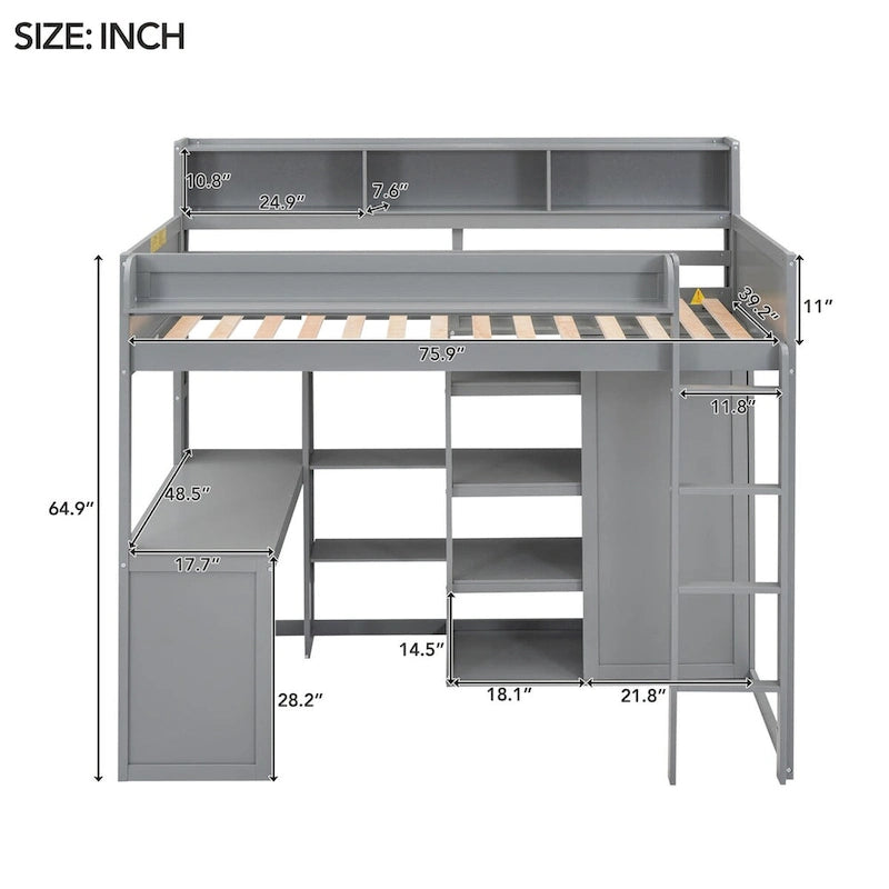 Wood Twin Size Loft Bed with Multiple Storage Shelves and Wardrobe