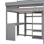 Wood Twin Size Loft Bed with Multiple Storage Shelves and Wardrobe