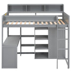 Wood Twin Size Loft Bed with Multiple Storage Shelves and Wardrobe