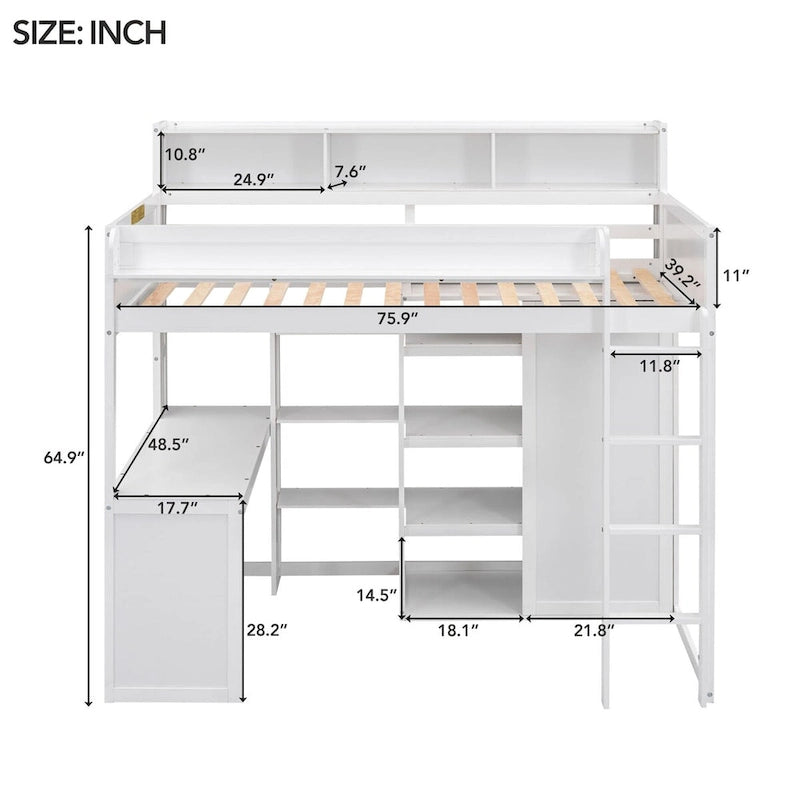 Wood Twin Size Loft Bed with Multiple Storage Shelves and Wardrobe