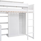 Wood Twin Size Loft Bed with Multiple Storage Shelves and Wardrobe