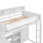 Wood Twin Size Loft Bed with Multiple Storage Shelves and Wardrobe