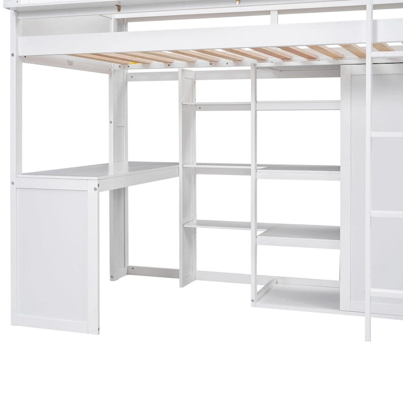 Wood Twin Size Loft Bed with Multiple Storage Shelves and Wardrobe