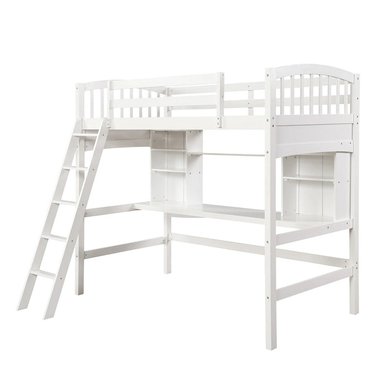 White Solid Wood Twin Size Loft Bed with Desk