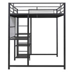 Black Metal Loft Bed with Desk, Whiteboard, and 3 Shelves, Includes Ladder