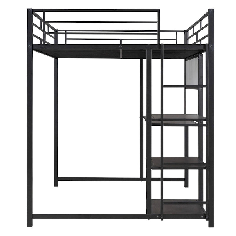 Black Metal Loft Bed with Desk, Whiteboard, and 3 Shelves, Includes Ladder