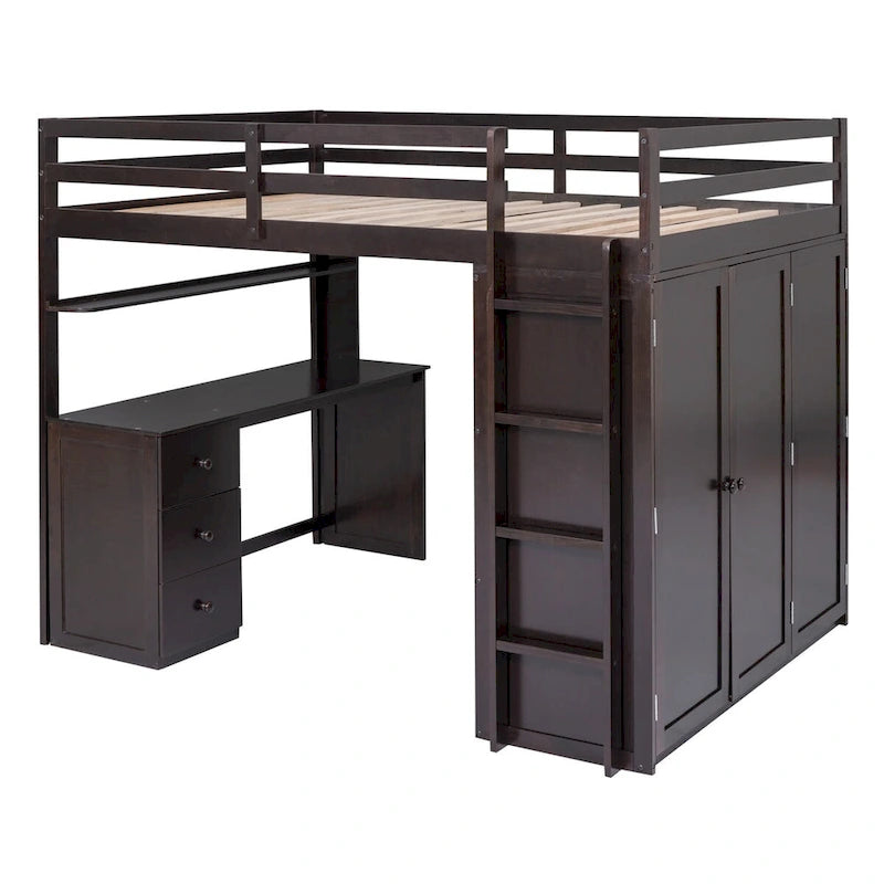 Full Loft Bed with Drawers, Desk, Wardrobe, and Guardrails