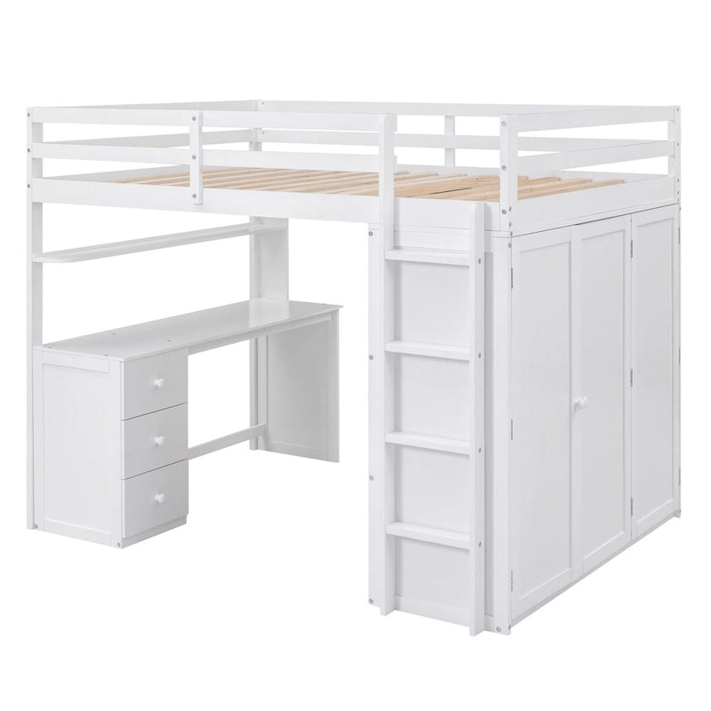 Full Loft Bed with Drawers, Desk, Wardrobe, and Guardrails
