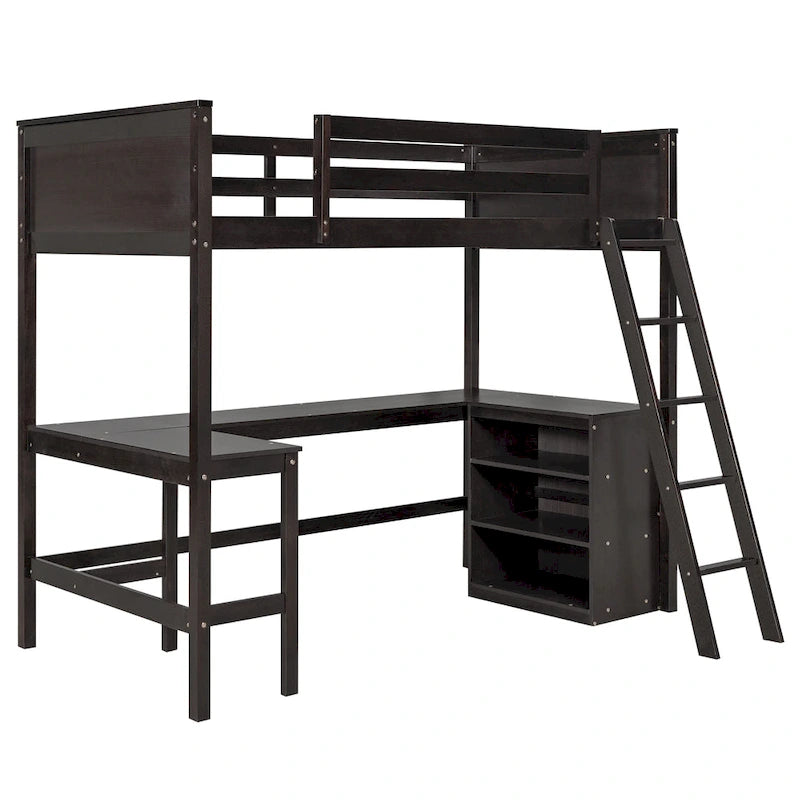 Wood Twin Loft Bed with Desk and Shelves
