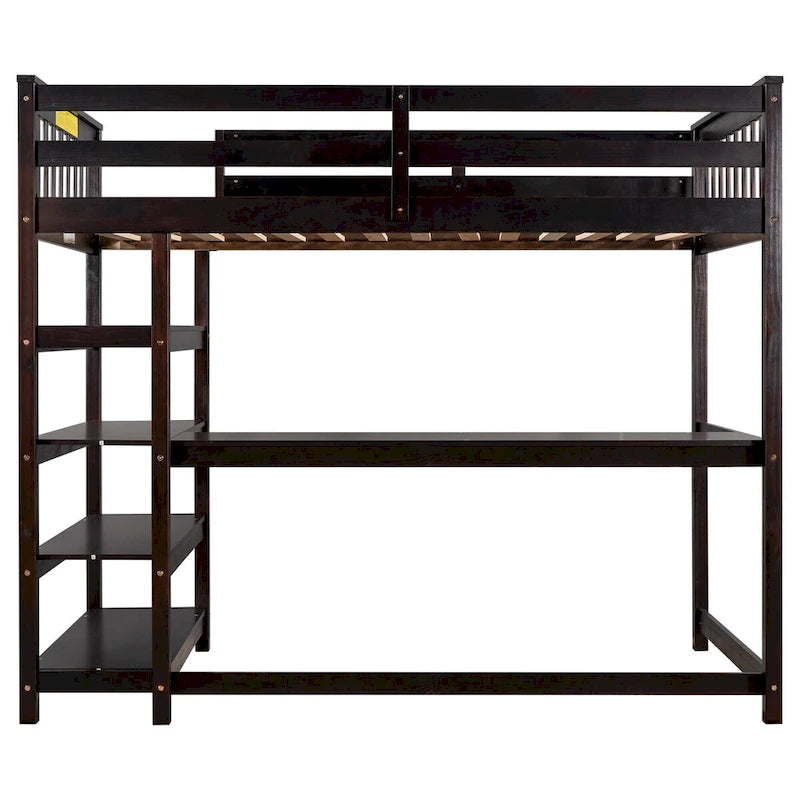 Espresso Twin Size Solid Wood Loft Bed with Integrated Desk, Storage Shelves, and Stable Guardrails