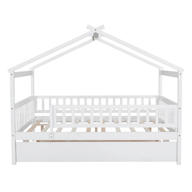 Full Pine House Bed with Twin Trundle, Guardrail