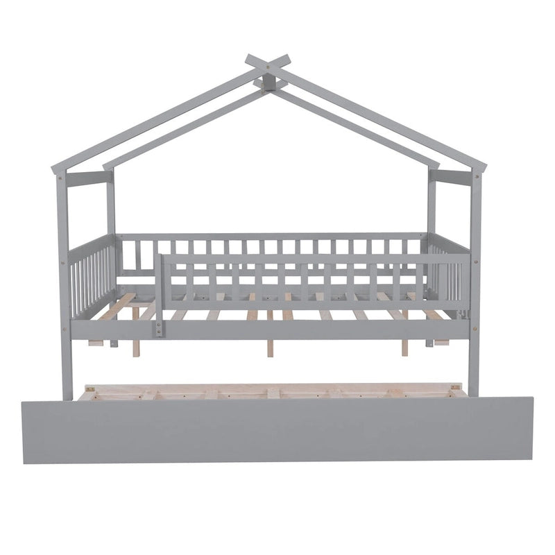 Full Pine House Bed with Twin Trundle, Guardrail