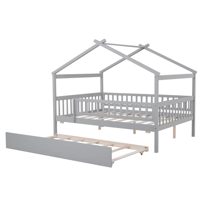 Full Pine House Bed with Twin Trundle, Guardrail