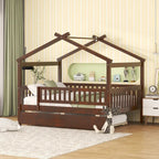 Full Pine House Bed with Twin Trundle, Guardrail