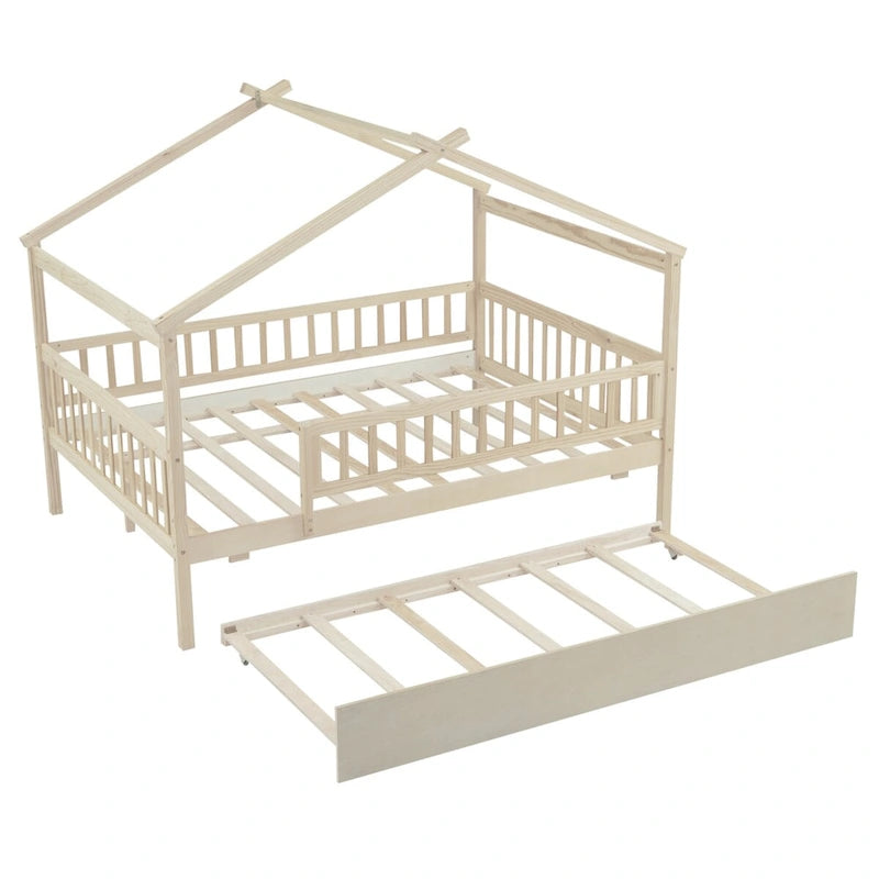 Full Pine House Bed with Twin Trundle, Guardrail