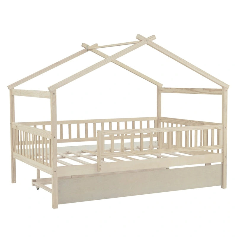 Full Pine House Bed with Twin Trundle, Guardrail