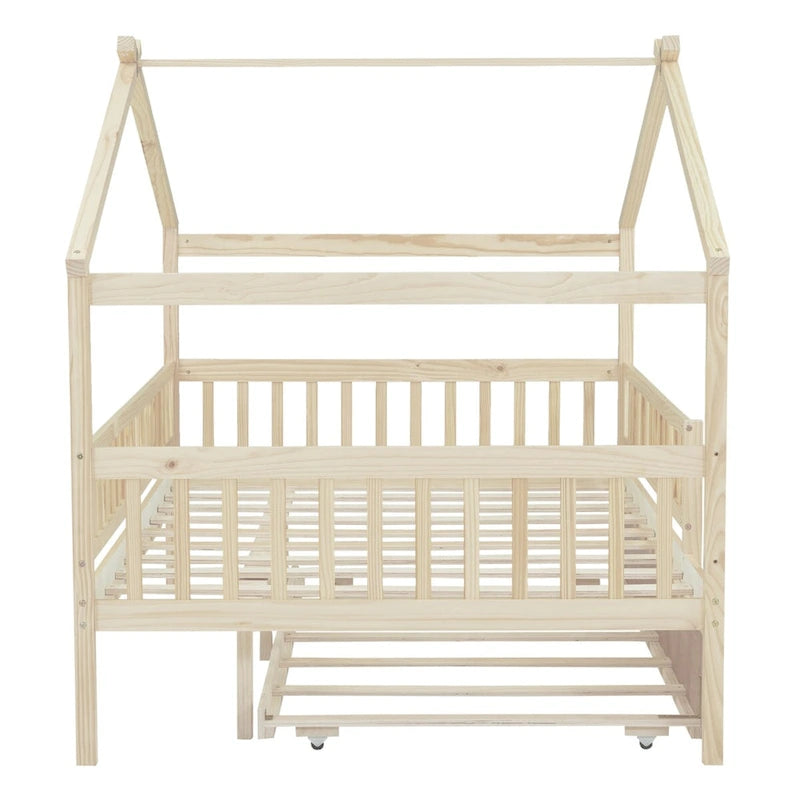 Full Pine House Bed with Twin Trundle, Guardrail