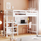 Wooden Loft Bed with Shelves, Desk and Writing Board