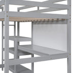 Wooden Loft Bed with Shelves, Desk and Writing Board