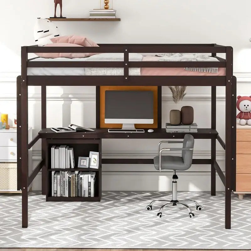 Wooden Full size Loft Bed with Desk and Writing Board