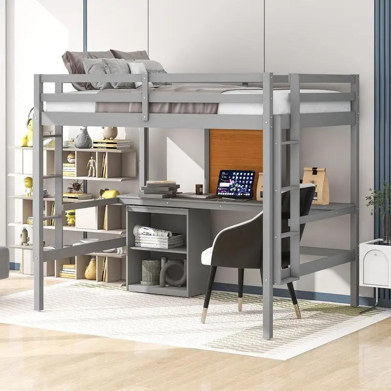 Wooden Full size Loft Bed with Desk and Writing Board