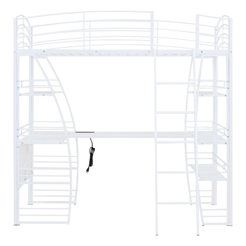 White Metal Loft Bed with 4 Layers of Shelves, L-Shaped Desk, Sockets, USB Ports, Wireless Charging