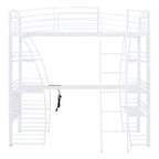 White Metal Loft Bed with 4 Layers of Shelves, L-Shaped Desk, Sockets, USB Ports, Wireless Charging