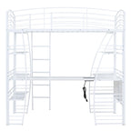 White Metal Loft Bed with 4 Layers of Shelves, L-Shaped Desk, Sockets, USB Ports, Wireless Charging