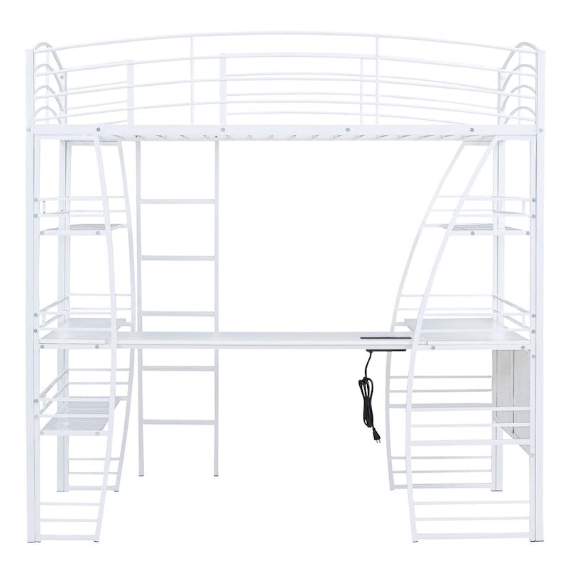White Metal Loft Bed with 4 Layers of Shelves, L-Shaped Desk, Sockets, USB Ports, Wireless Charging