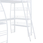 White Metal Loft Bed with 4 Layers of Shelves, L-Shaped Desk, Sockets, USB Ports, Wireless Charging