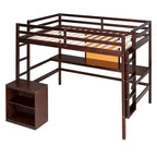 Espresso Pine Wood Loft Bed with Desk and Cabinet, Writing Board, Full-Length Guardrail
