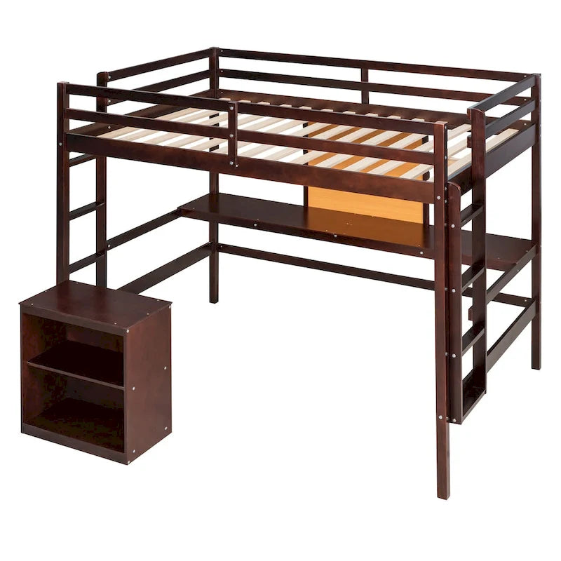 Espresso Pine Wood Loft Bed with Desk and Cabinet, Writing Board, Full-Length Guardrail