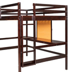 Espresso Pine Wood Loft Bed with Desk and Cabinet, Writing Board, Full-Length Guardrail