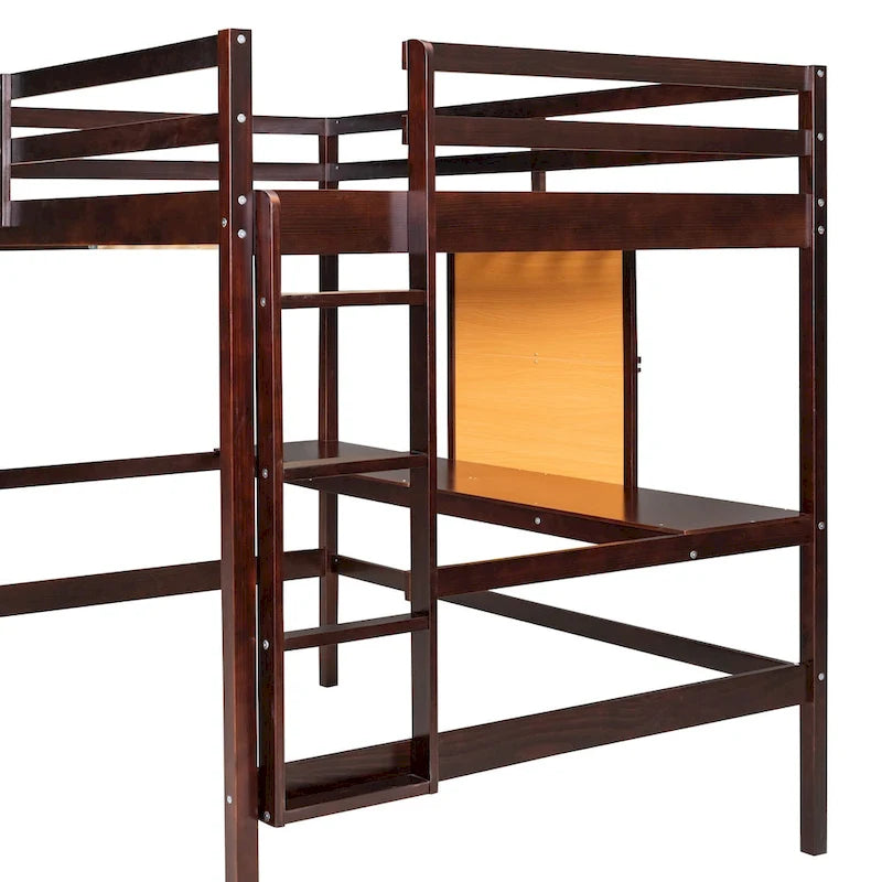 Espresso Pine Wood Loft Bed with Desk and Cabinet, Writing Board, Full-Length Guardrail