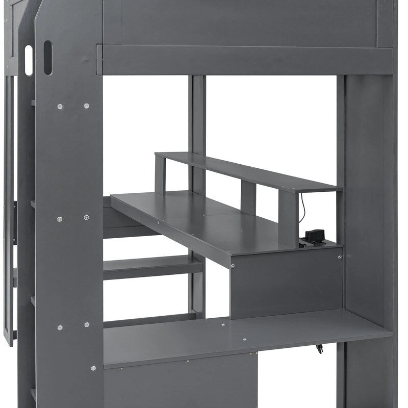 Wood Twin Size Gaming Loft Bed with Desk, Multi-storage Shelves, LED and Charging Station, Dark Gray
